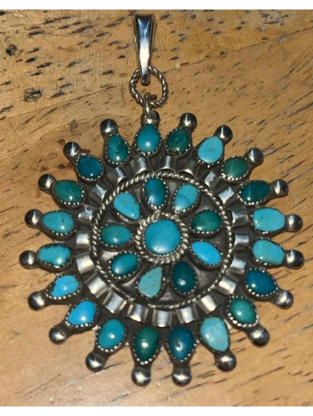 VINTAGE Native American Zuni jewelry handmade sterling cluster turquoise pendant